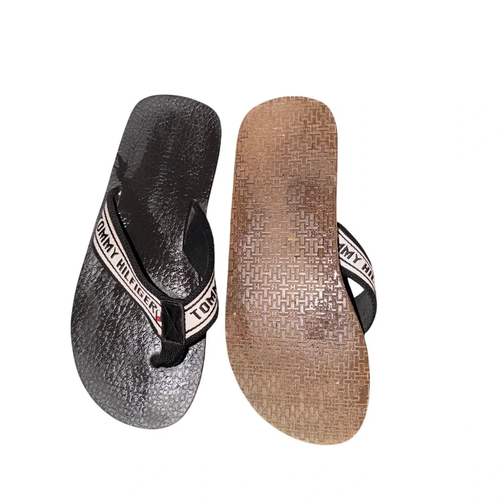 Tommy Hilfiger Mens Black White Logo Strap Flip Flop Thong Sandals Beach 10.5